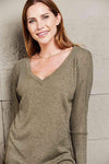 V-Neck Long Sleeve Ribbed Top Blouses - Tophatter Daily Deals