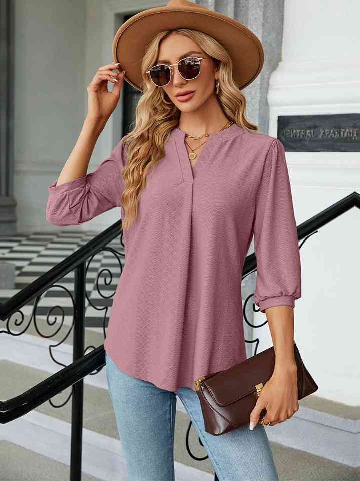 Notched Neck Three-Quarter Sleeve Blouse Light Mauve Women's T-Shirts - Tophatter Daily Deals