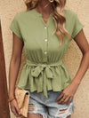 Tied Notched Short Sleeve Babydoll Blouse Blouses - Tophatter Daily Deals