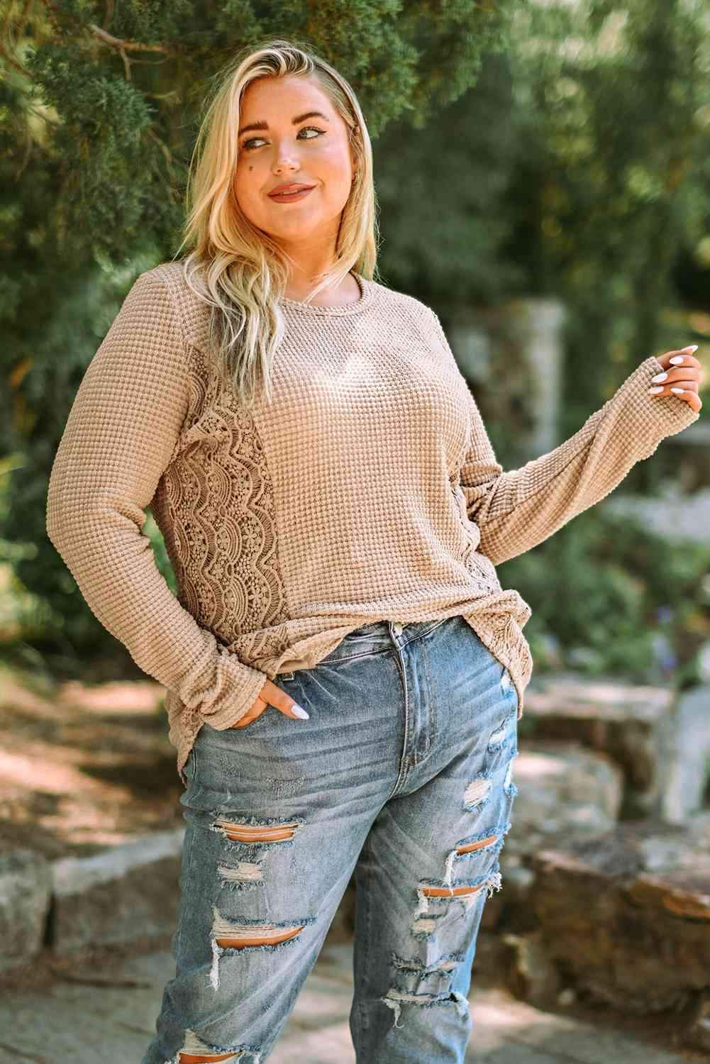 Plus Size Waffle-Knit Spliced Lace Top Blouses - Tophatter Daily Deals