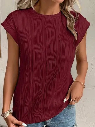 Textured Round Neck Cap Sleeve T-Shirt Women's T-Shirts - Tophatter Daily Deals