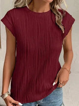 Textured Round Neck Cap Sleeve T-Shirt Women's T-Shirts - Tophatter Daily Deals