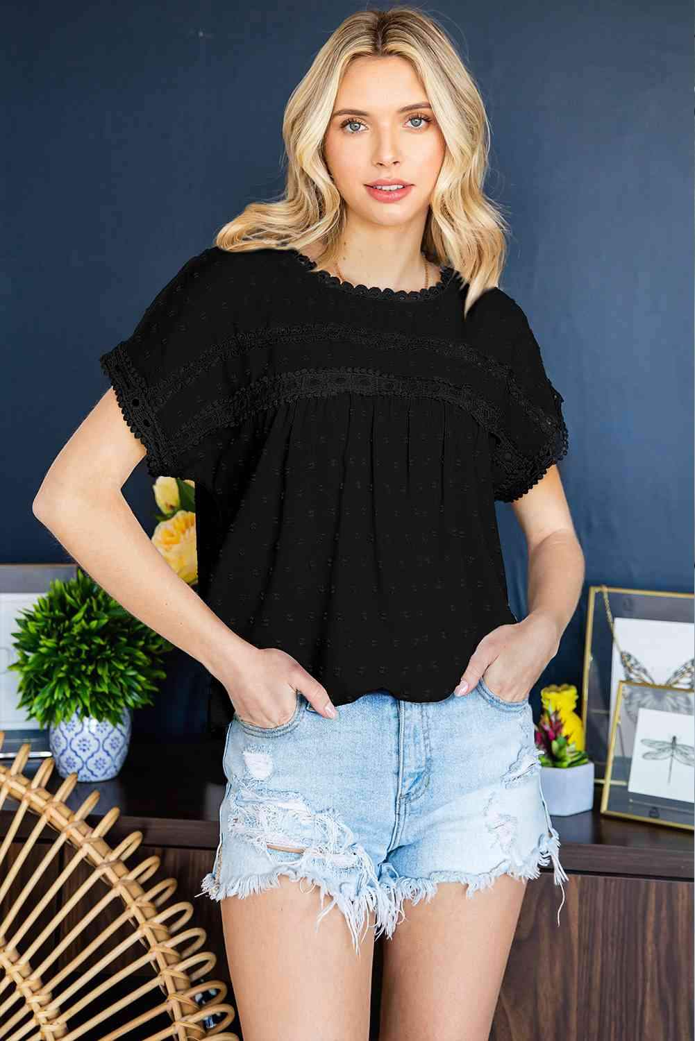 Swiss Dot Decorative Button Short Sleeve Blouse Black Blouses - Tophatter Daily Deals