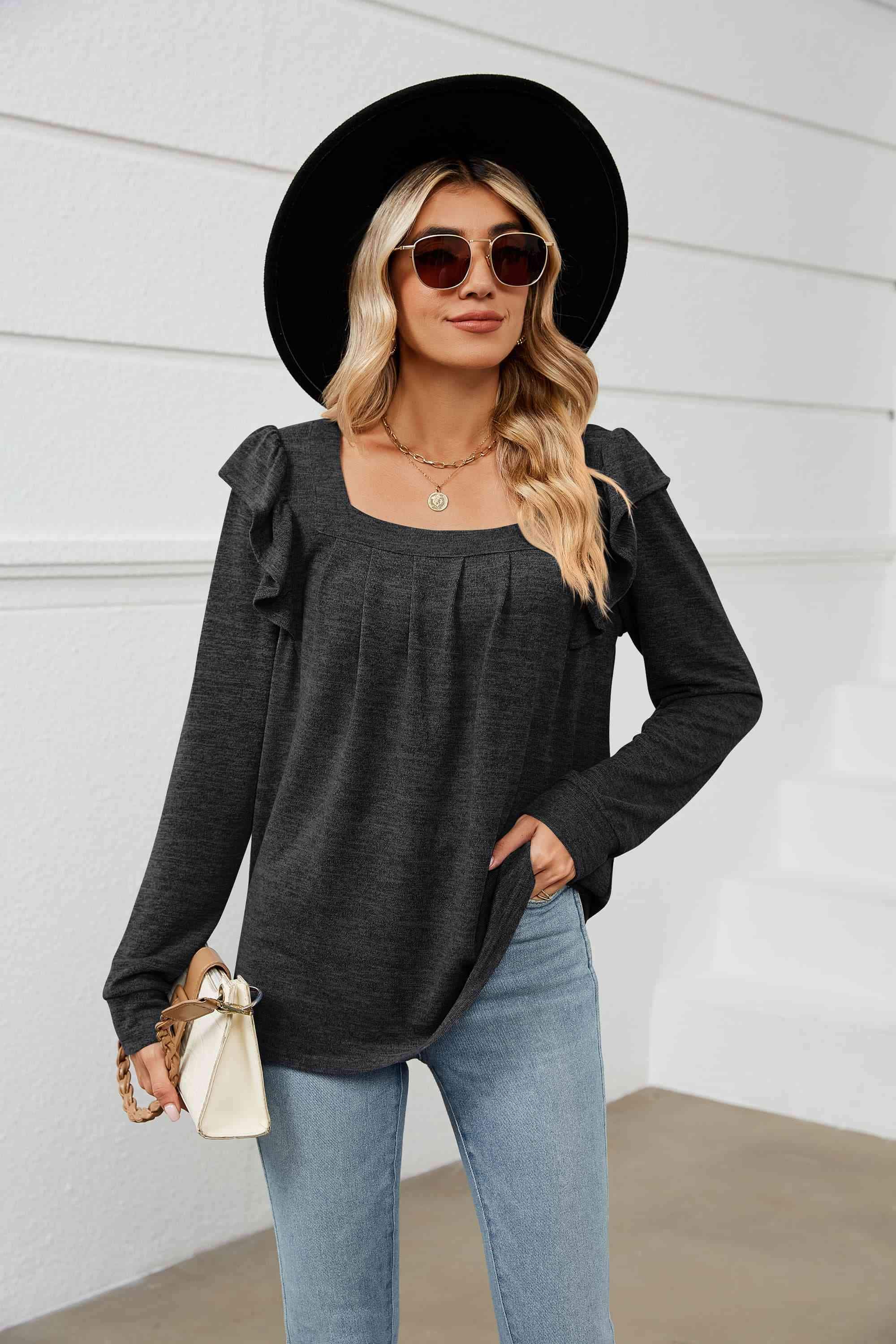 Square Neck Ruffle Shoulder Long Sleeve T-Shirt Black Women's T-Shirts - Tophatter Daily Deals