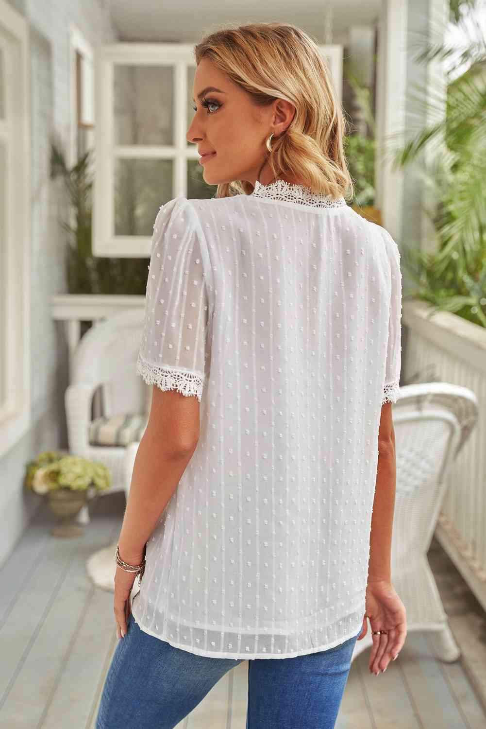 Swiss Dot Lace Trim Plunge Blouse Blouses - Tophatter Daily Deals