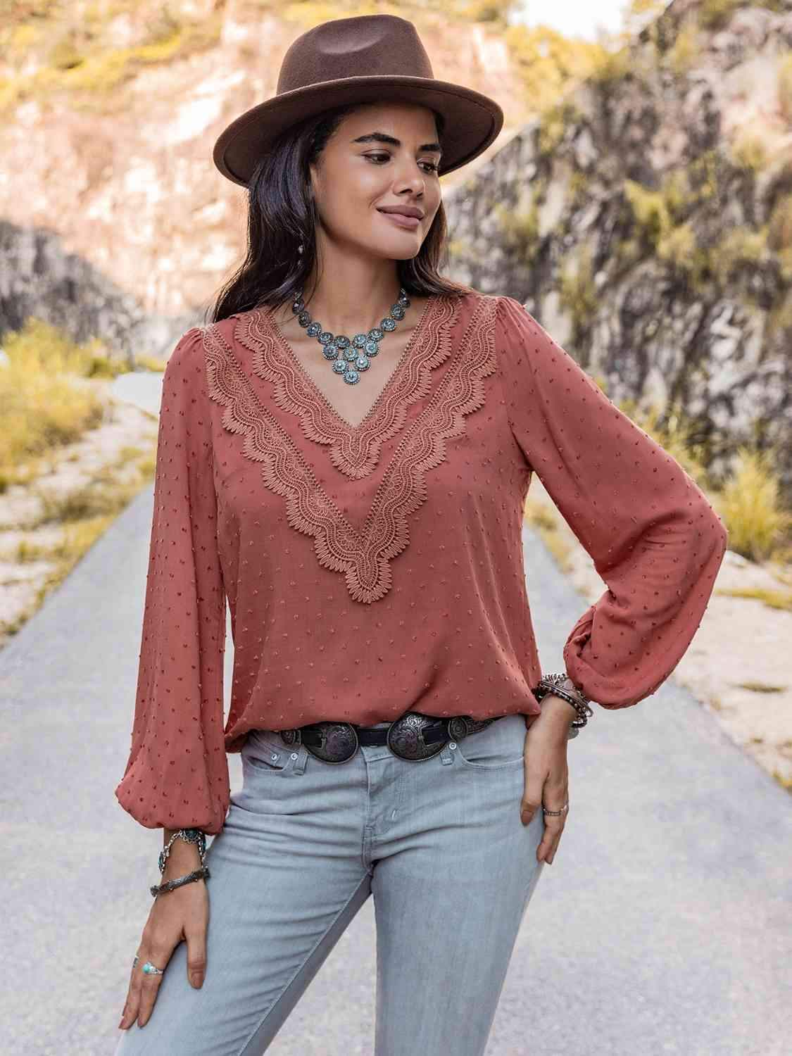 Swiss Dot V-Neck Blouse Brick Red Blouses - Tophatter Daily Deals