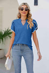 Pom-Pom Trim Petal Sleeve Notched Neck Top Blouses - Tophatter Daily Deals