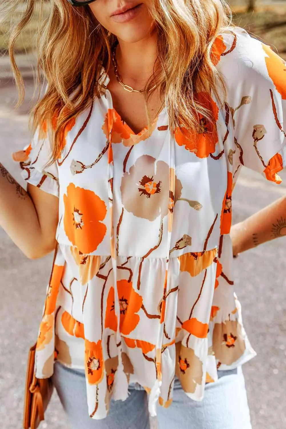 Printed Flounce Sleeve Tie-Neck Peplum Blouse Blouses - Tophatter Daily Deals