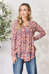 Heimish Full Size Geometric V-Neck Babydoll Top Burgundy Multi Blouses - Tophatter Daily Deals