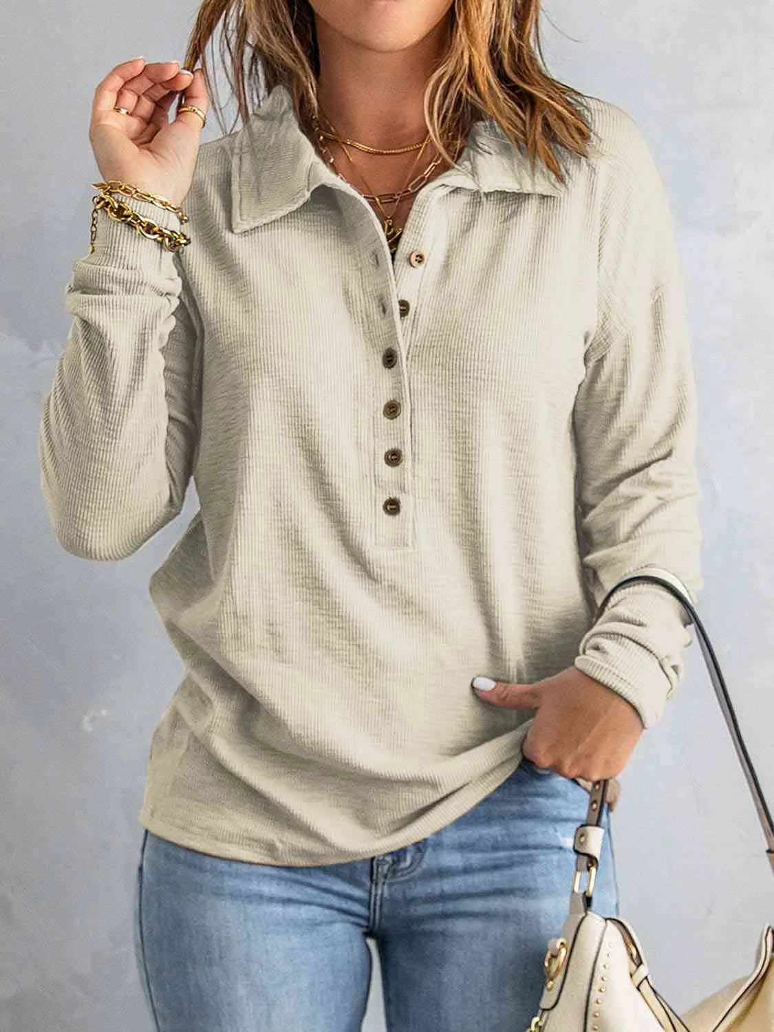 Collared Neck Half Button Top Blouses - Tophatter Daily Deals