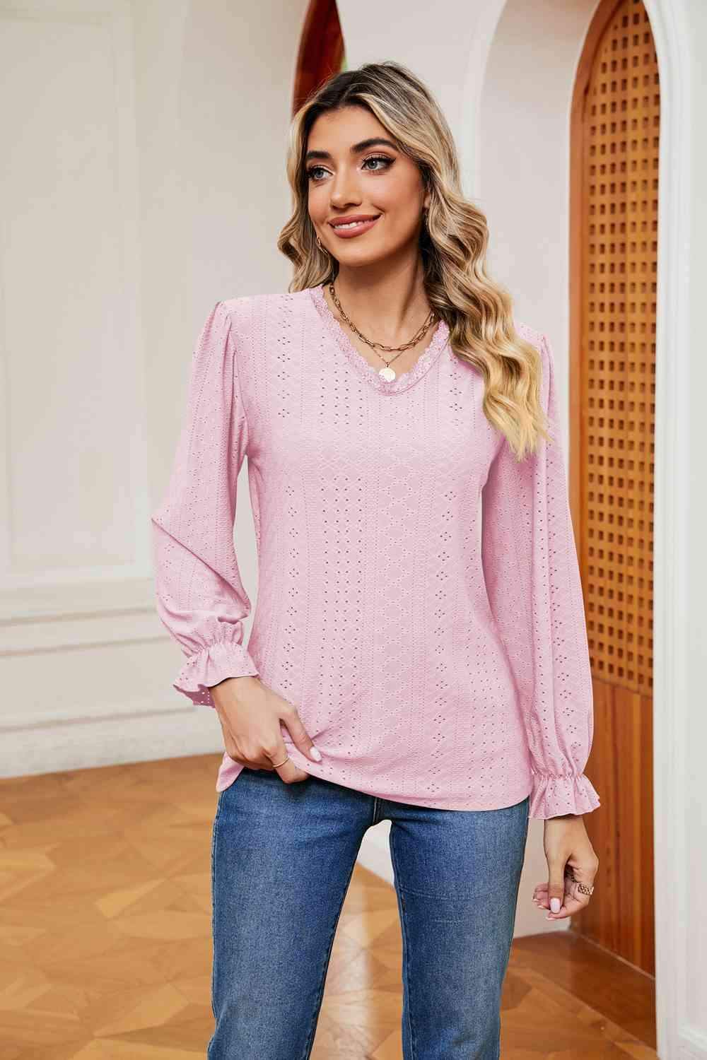 V-Neck Flounce Sleeve Blouse Carnation Pink Blouses - Tophatter Daily Deals