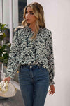 Printed Tie Neck Frill Trim Flounce Sleeve Blouse Dark Navy Blouses - Tophatter Daily Deals