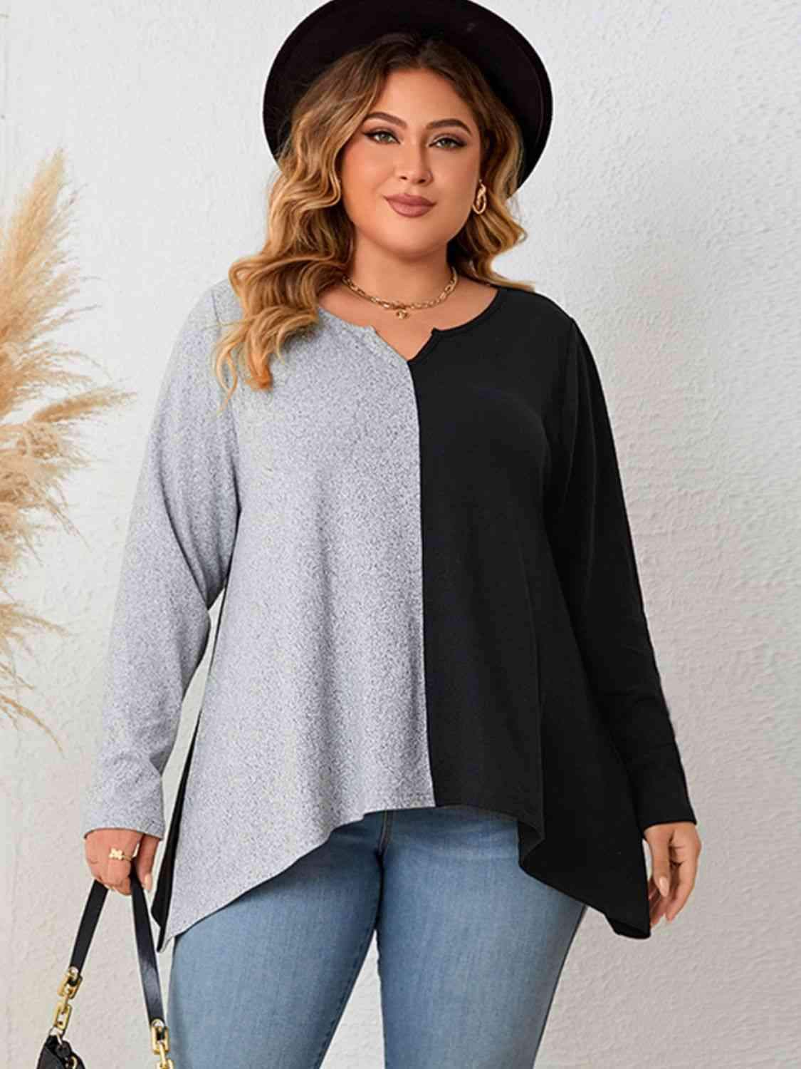 Plus Size Contrast Notched Neck T-Shirt Black Women's T-Shirts - Tophatter Daily Deals