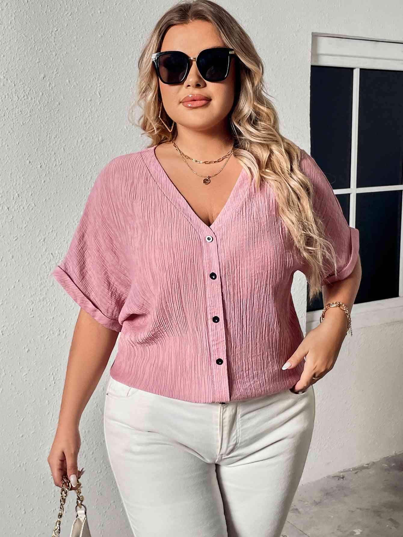 Plus Size Buttoned V-Neck Short Sleeve Blouse Blush Pink Blouses - Tophatter Daily Deals