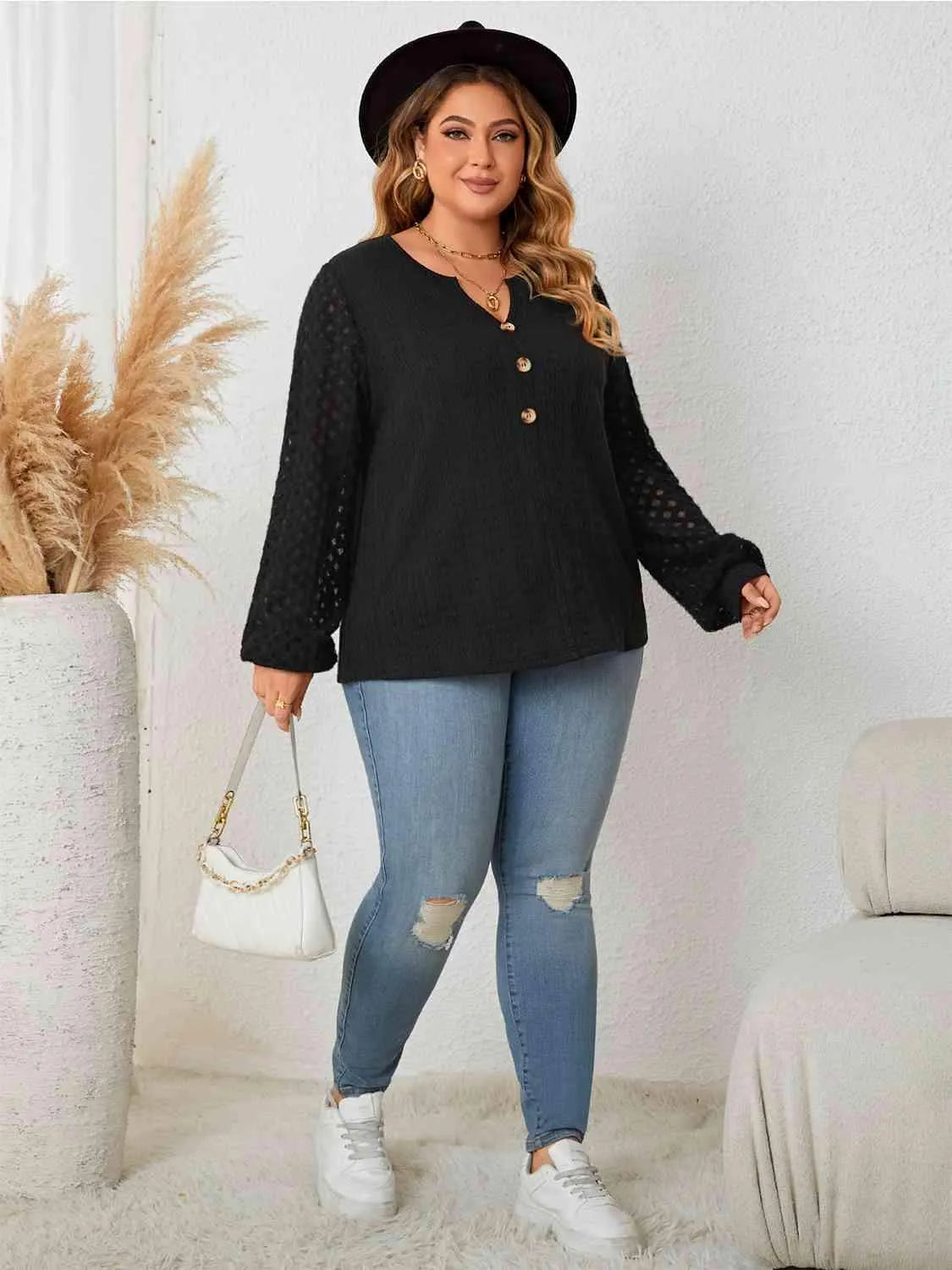 Plus Size Openwork Notched Button Front Blouse Blouses - Tophatter Daily Deals