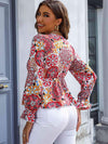 Printed V-Neck Flounce Sleeve Blouse Blouses - Tophatter Daily Deals