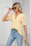 Eyelet Short Puff Sleeve Notched Neck Top Blouses - Tophatter Daily Deals