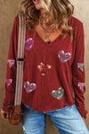 Sequin Heart V-Neck Long Sleeve T-Shirt Wine Women's T-Shirts - Tophatter Daily Deals