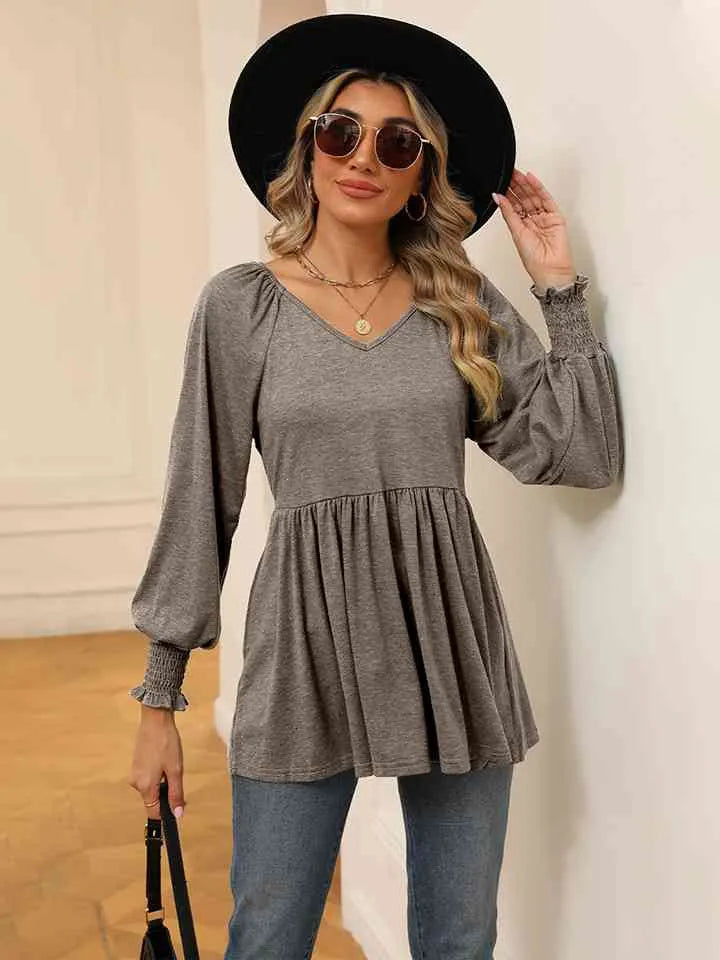 V-Neck Lantern Sleeve Blouse Khaki Blouses - Tophatter Daily Deals