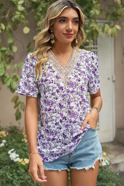 Floral V-Neck Short Sleeve T-Shirt Women's T-Shirts - Tophatter Daily Deals