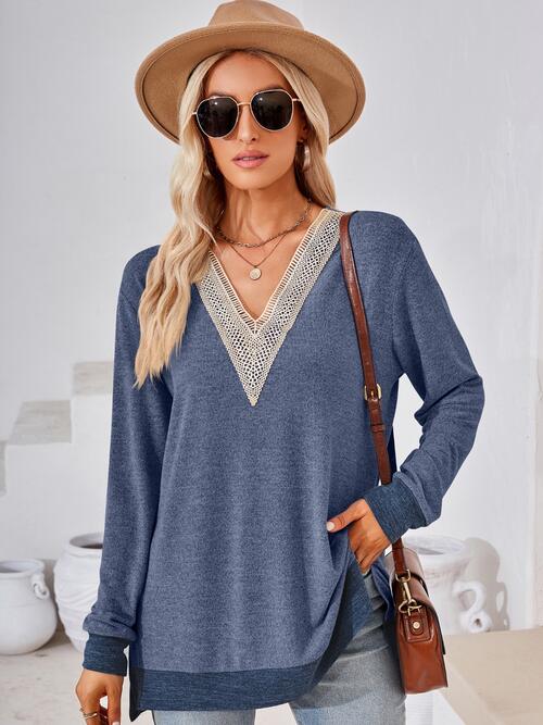 Crochet Contrast V-Neck Long Sleeve Slit T-Shirt Women's T-Shirts - Tophatter Daily Deals