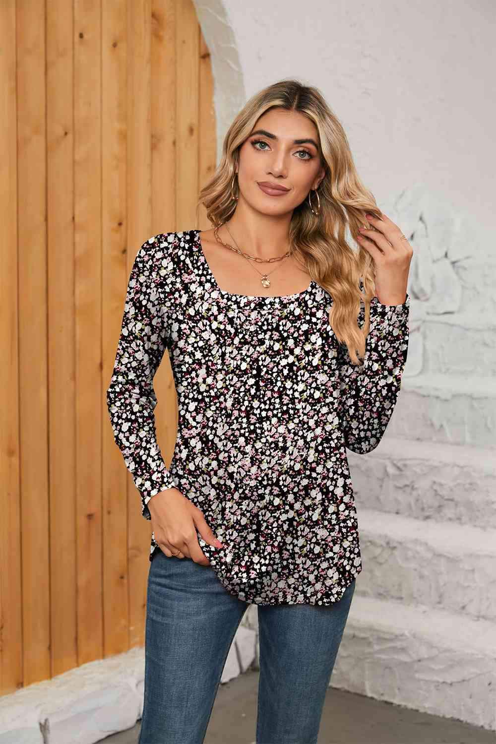 Printed Square Neck Long Sleeve Blouse Blouses - Tophatter Daily Deals