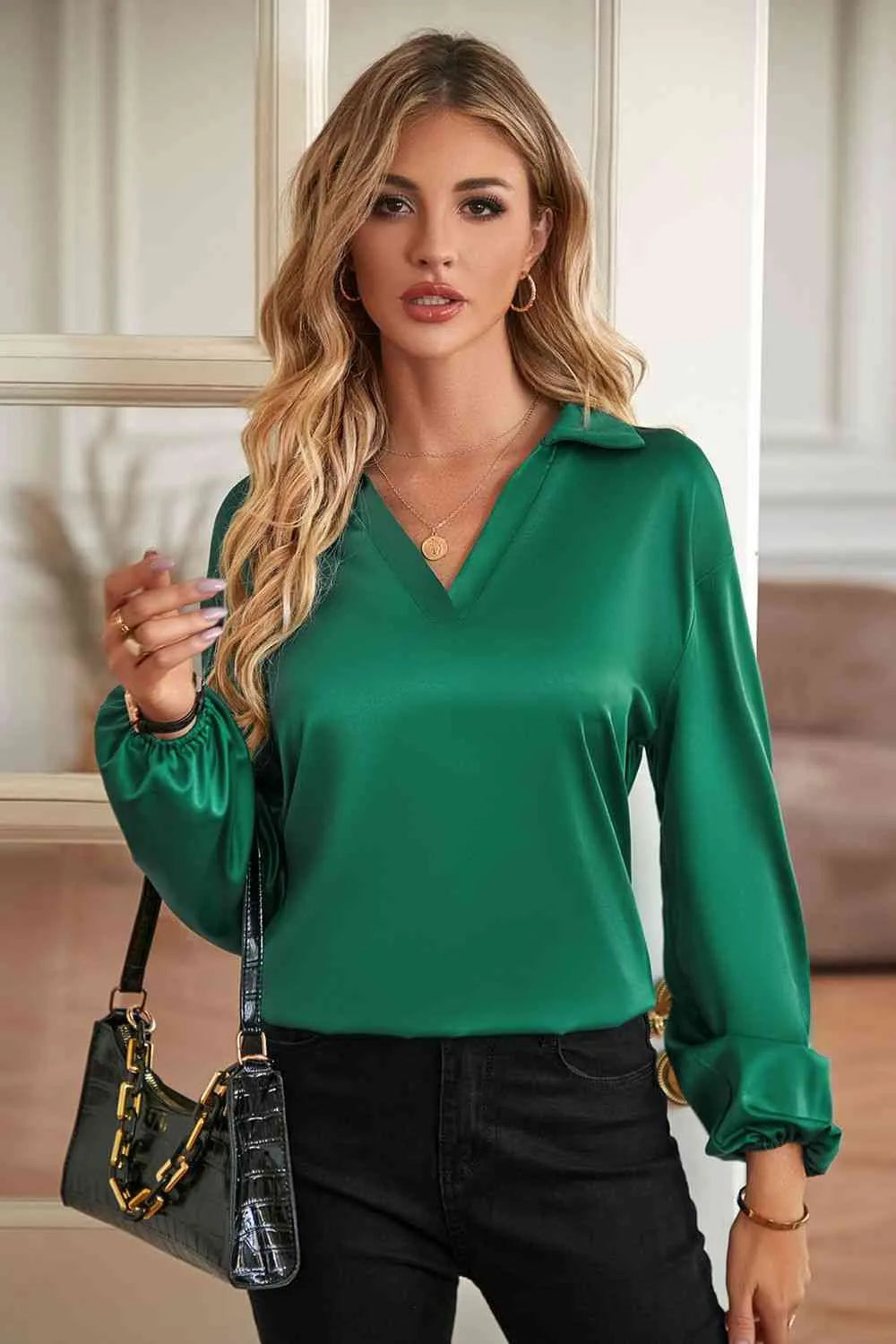 Johnny Collar Lantern Sleeve Blouse Green Blouses - Tophatter Daily Deals