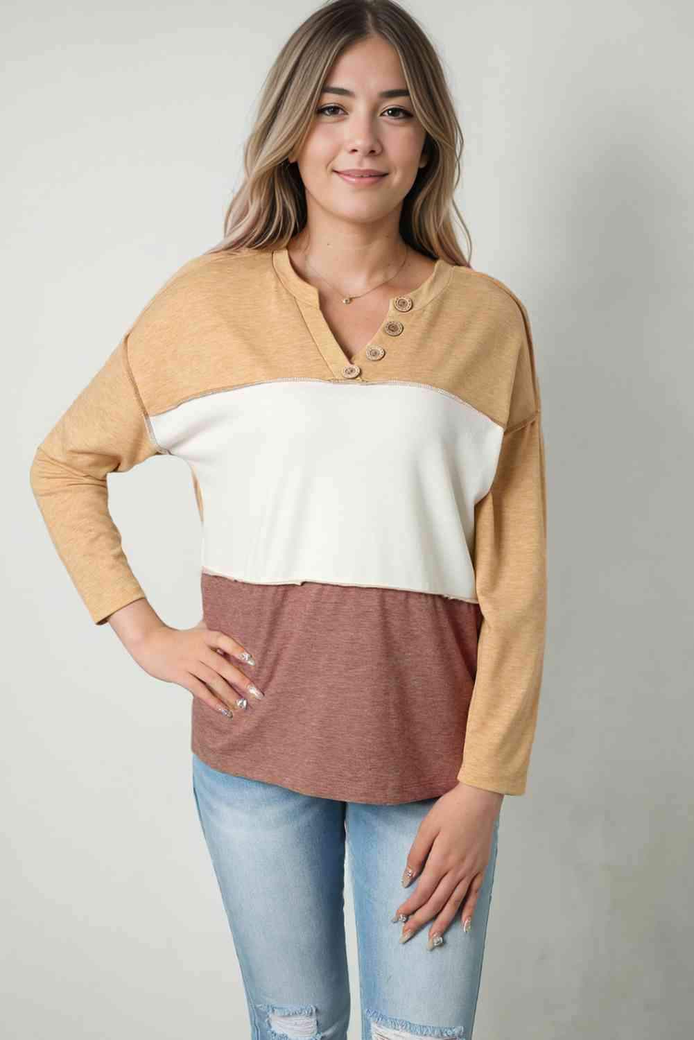 Color Block Exposed Seam Notched T-Shirt Tan Women's T-Shirts - Tophatter Daily Deals