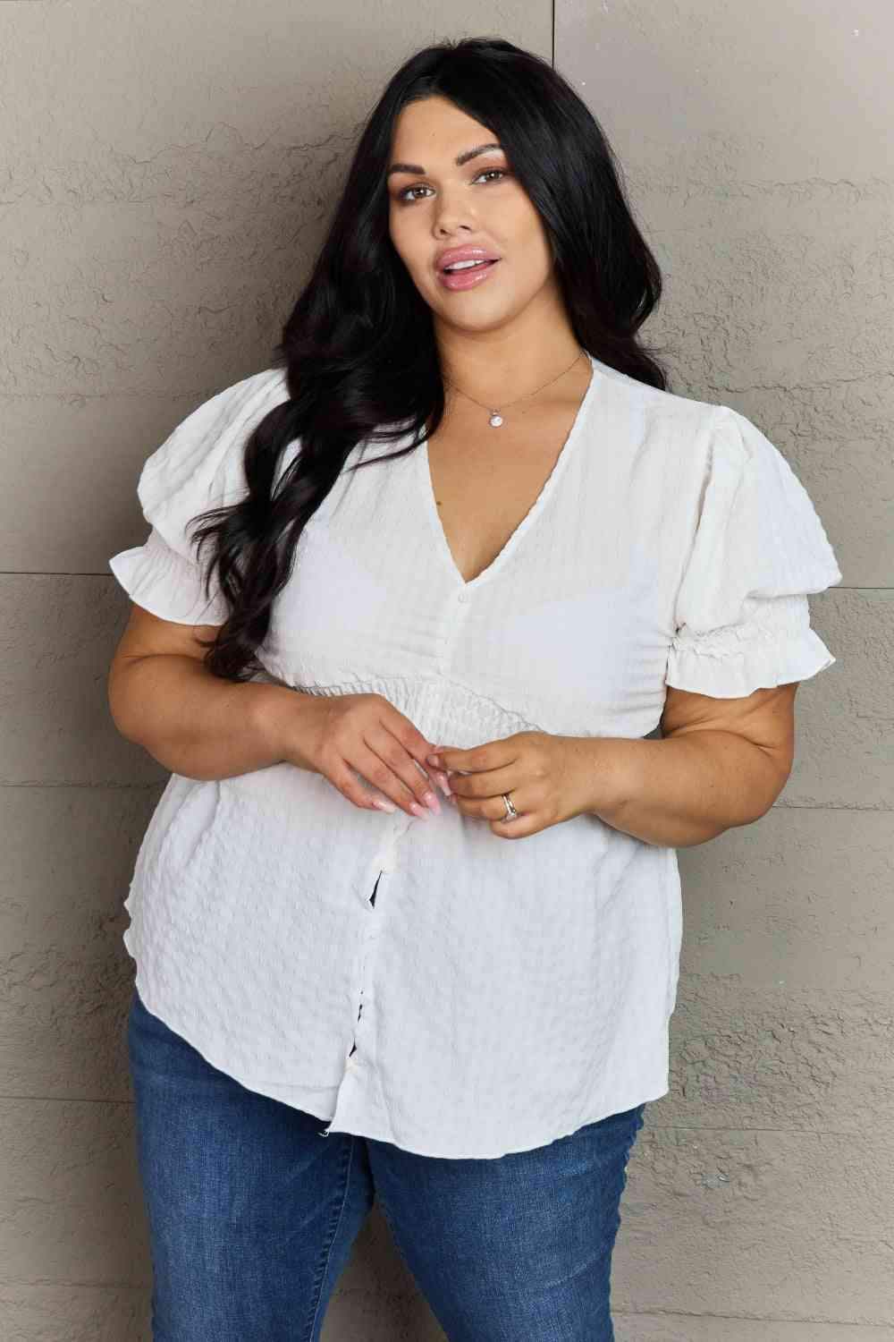 Culture Code Sweet Serenity Full Size V-Neck Puff Sleeve Button Down Top Blouses - Tophatter Daily Deals