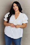 Culture Code Sweet Serenity Full Size V-Neck Puff Sleeve Button Down Top Blouses - Tophatter Daily Deals