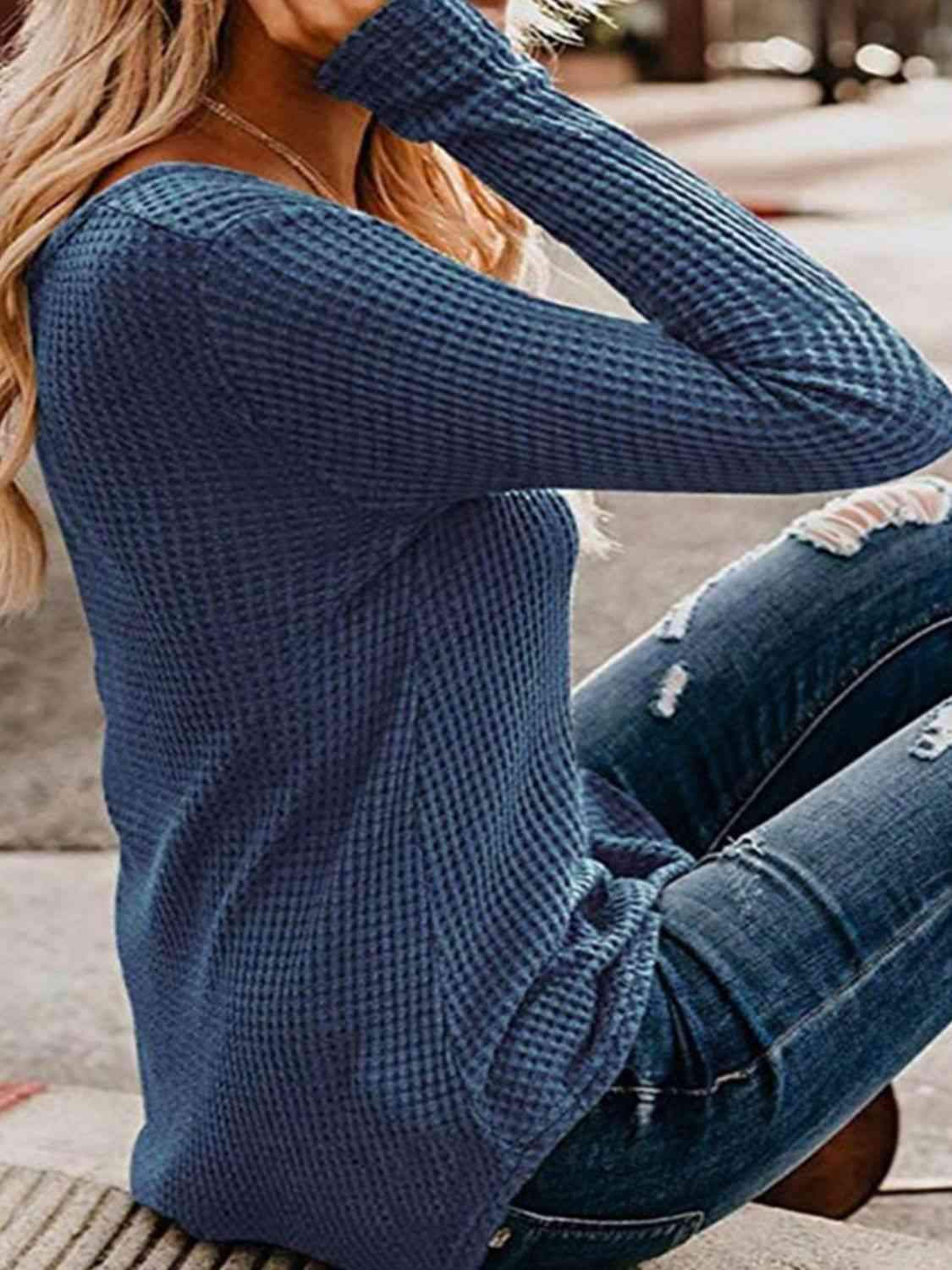 Waffle-Knit V-Neck Top Blouses - Tophatter Daily Deals