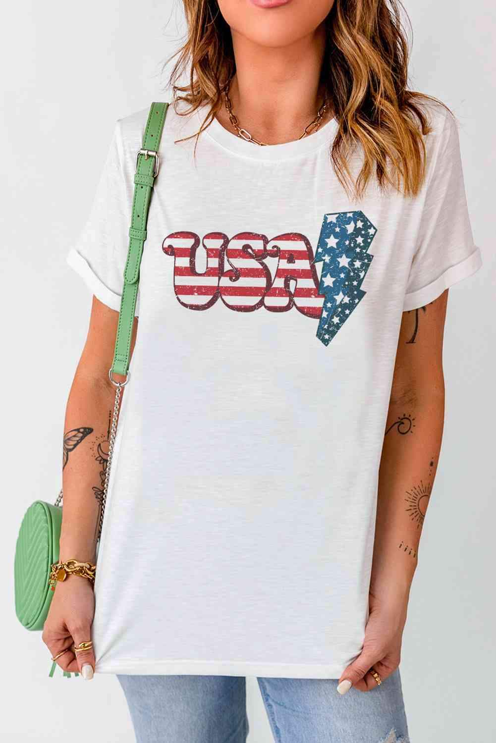 USA Lightning Graphic Round Neck Tee White Women's T-Shirts - Tophatter Daily Deals