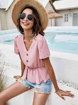 Printed V-Neck Decorative Button Blouse Blouses - Tophatter Daily Deals
