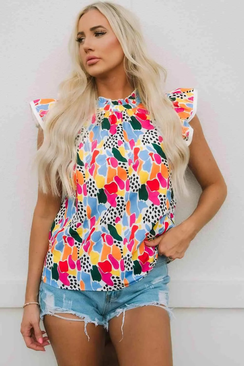 Floral Mock Neck Short Sleeve Blouse Multicolor Blouses - Tophatter Daily Deals