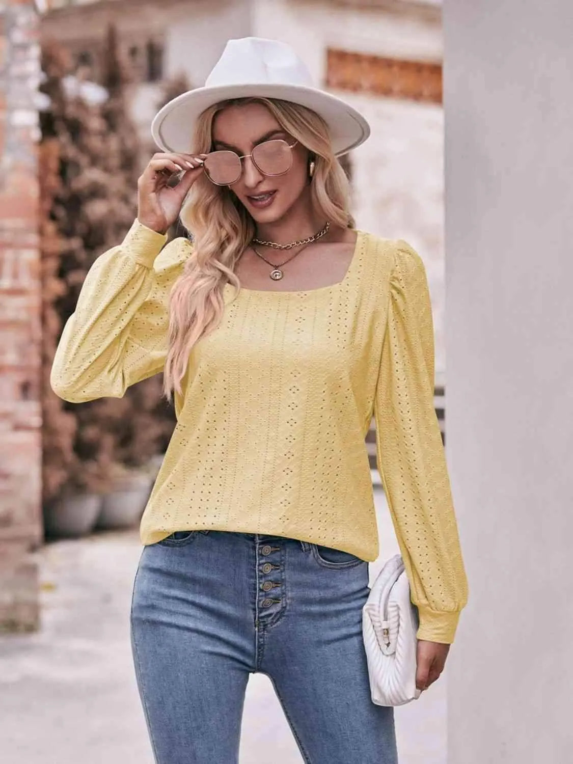 Double Take Eyelet Square Neck Puff Sleeve Blouse Blouses - Tophatter Daily Deals