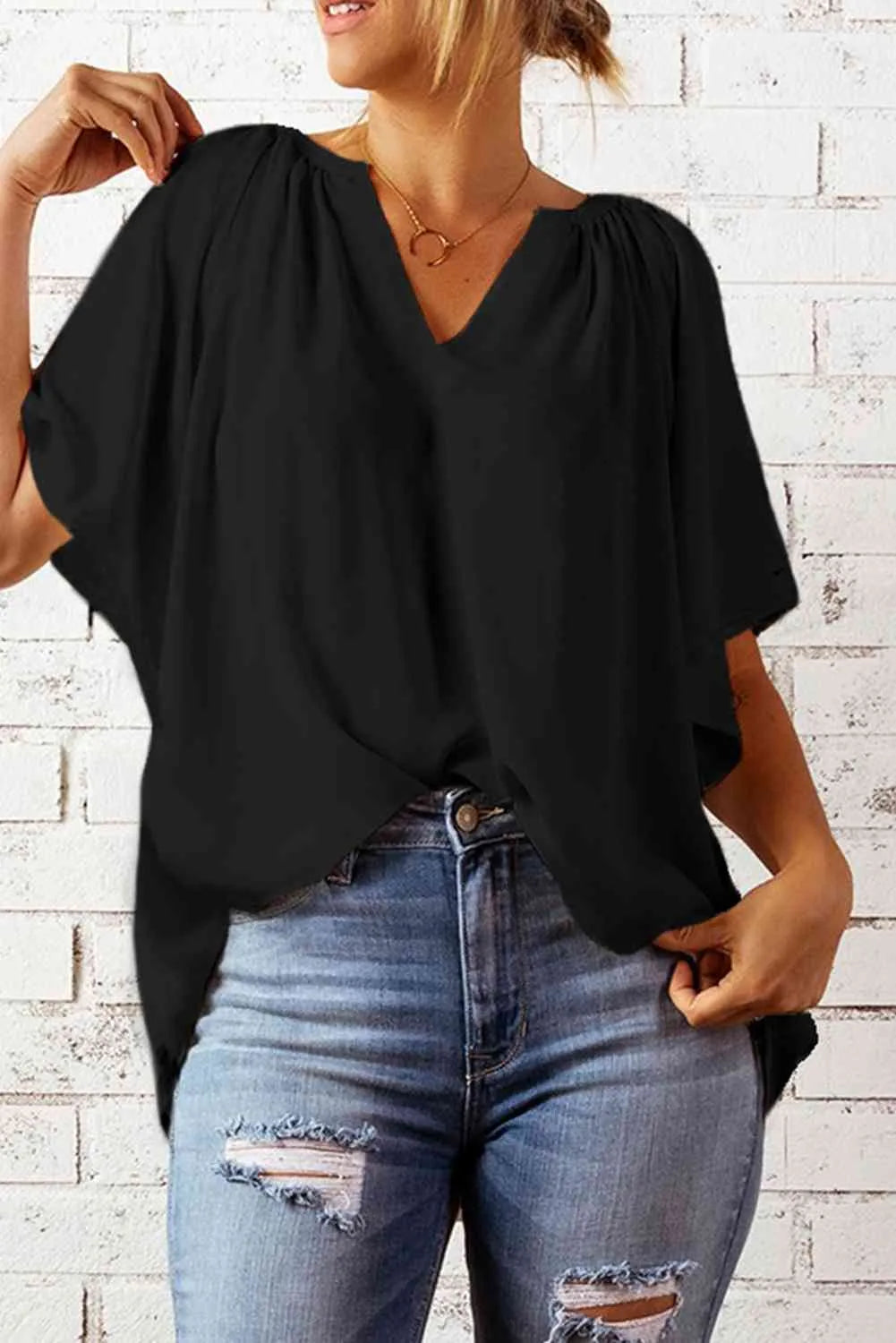 Gathered Detail Notched Neck Flutter Sleeve Top Blouses - Tophatter Daily Deals