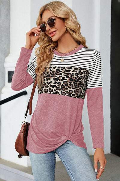 Leopard Striped Round Neck T-Shirt Moonlit Mauve Women's T-Shirts - Tophatter Daily Deals