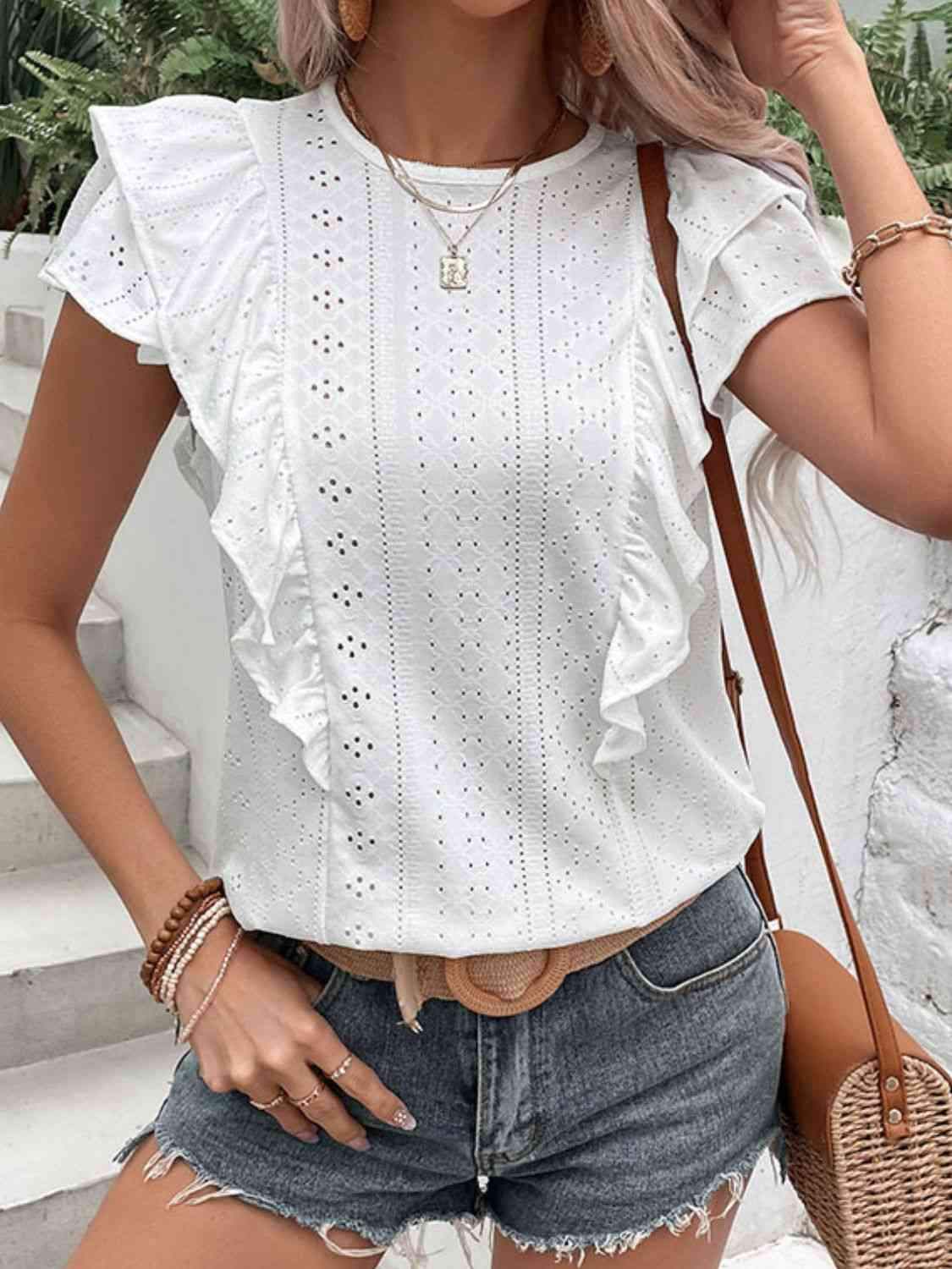 Eyelet Butterfly Sleeve Round Neck Blouse Blouses - Tophatter Daily Deals