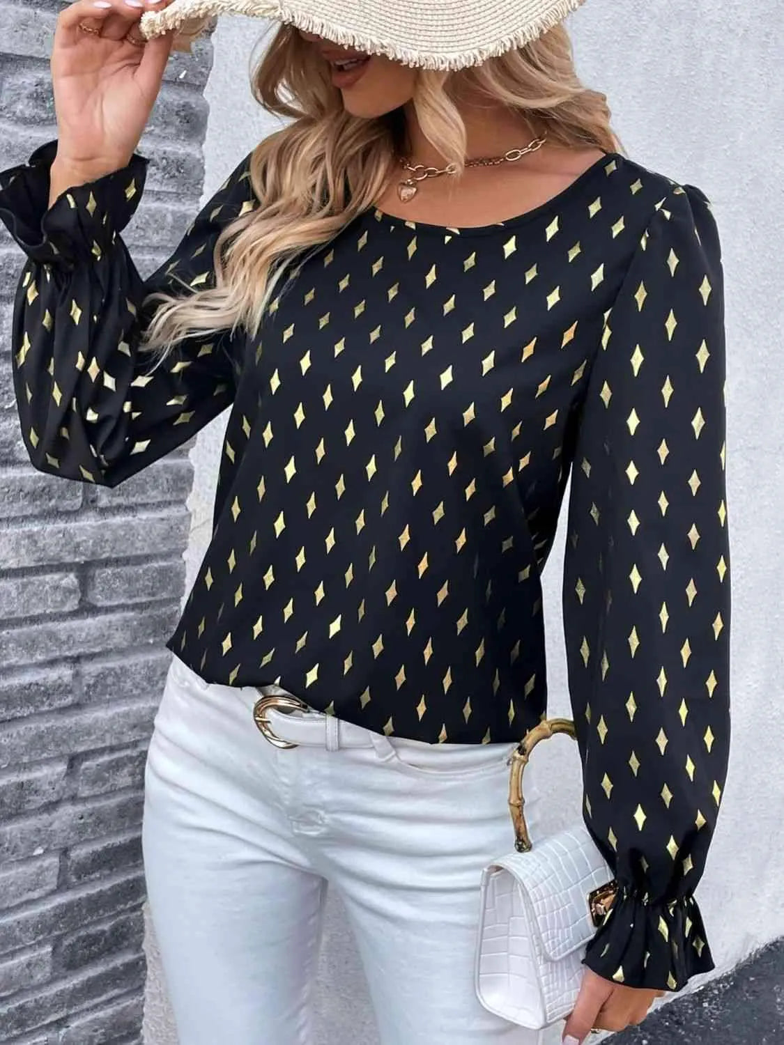 Double Take Printed Round Neck Flounce Sleeve Blouse Blouses - Tophatter Daily Deals