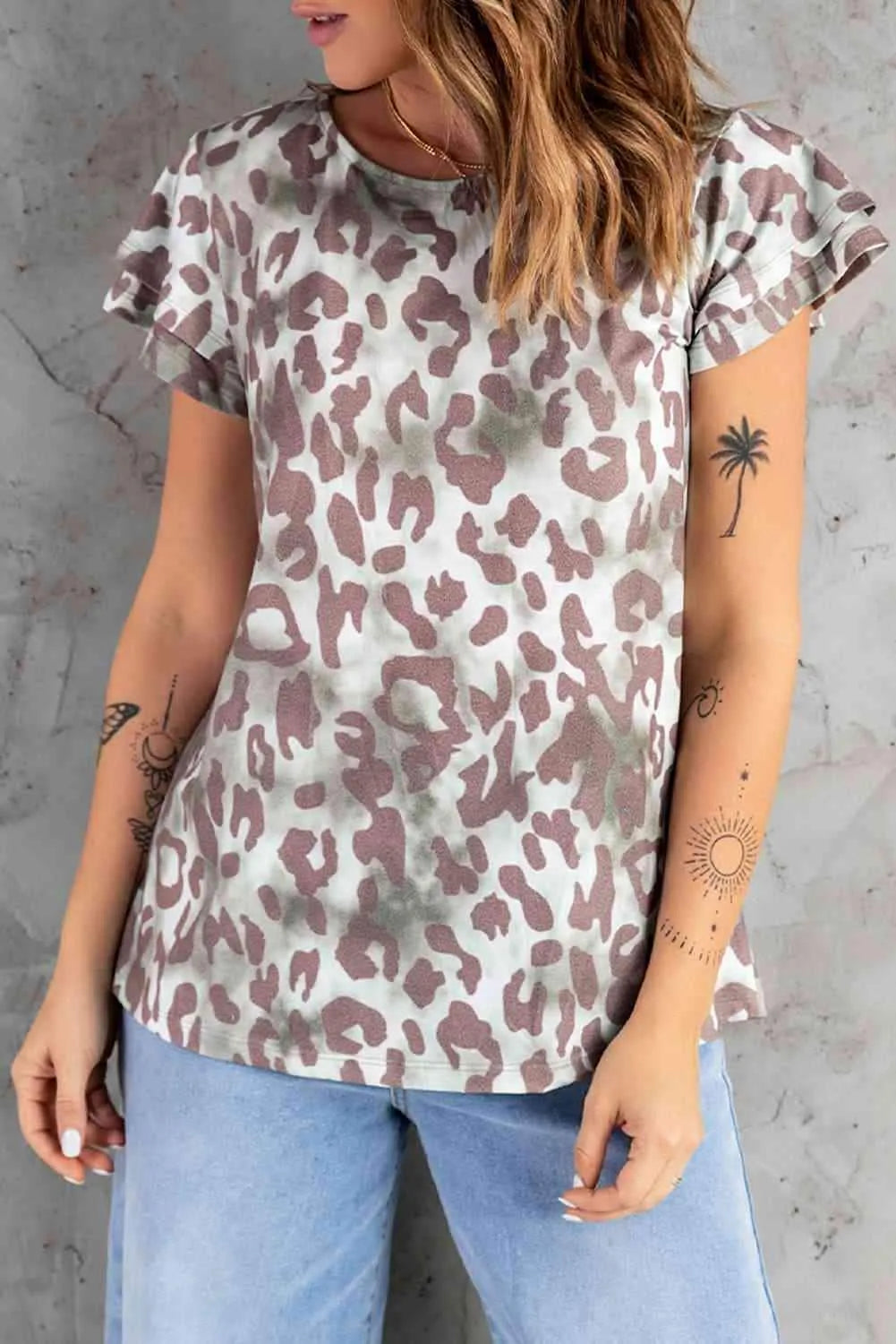 Leopard Layered Flutter Sleeve Tee Shirt Taupe Blouses - Tophatter Daily Deals