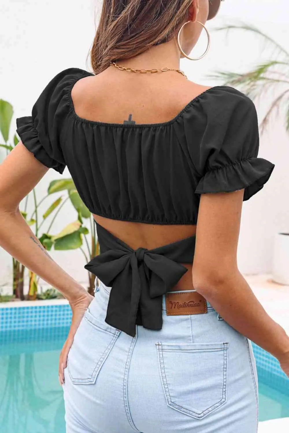 Ruched Square Neck Tie Back Cropped Top Blouses - Tophatter Daily Deals