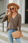 V-Neck Long Sleeve T-Shirt Coffee Brown Women's T-Shirts - Tophatter Daily Deals