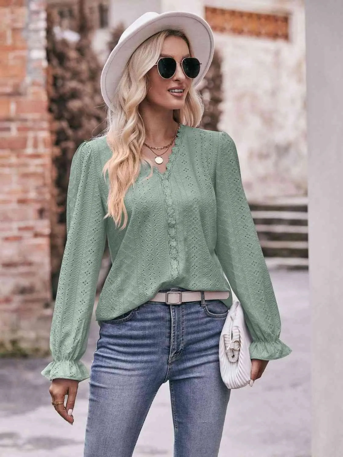 Double Take Eyelet V-Neck Flounce Sleeve Blouse Blouses - Tophatter Daily Deals