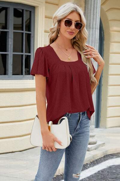 Eyelet Square Neck Short Sleeve T-Shirt Women's T-Shirts - Tophatter Daily Deals