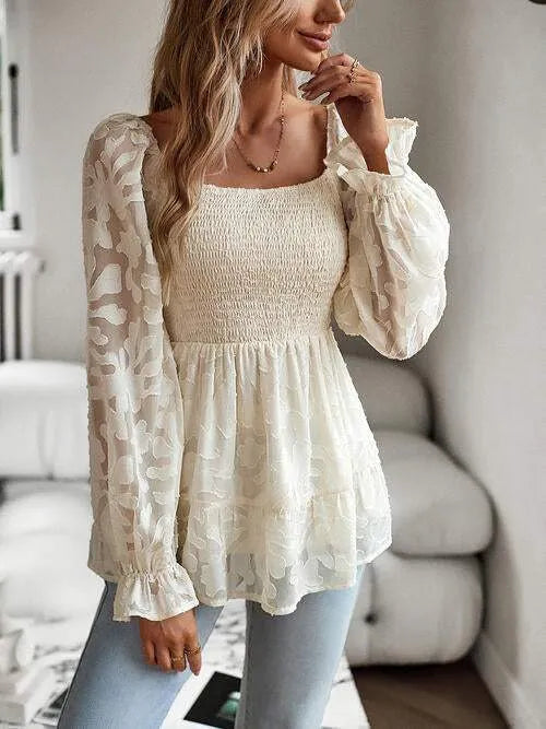 Smocked Flounce Sleeve Peplum Blouse Blouses - Tophatter Daily Deals