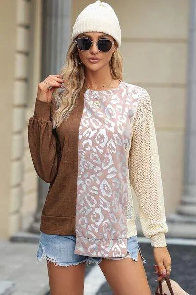 Leopard Round Neck Long Sleeve Blouse Blouses - Tophatter Daily Deals