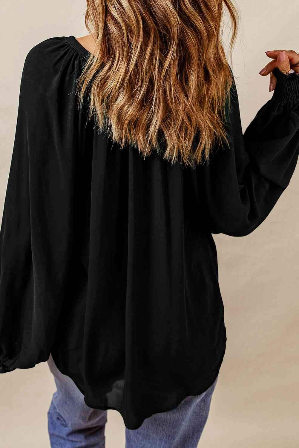 Notched Neck Lantern Sleeve Blouse Blouses - Tophatter Daily Deals