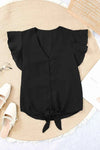 V-Neck Tie Hem Flutter Sleeve Blouse Black Blouses - Tophatter Daily Deals