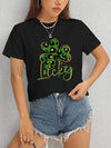 Lucky Clover Round Neck Short Sleeve T-Shirt Black Women's T-Shirts - Tophatter Daily Deals