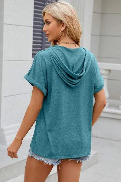 Half Button Drawstring Short Sleeve Hooded T-Shirt Women's T-Shirts - Tophatter Daily Deals